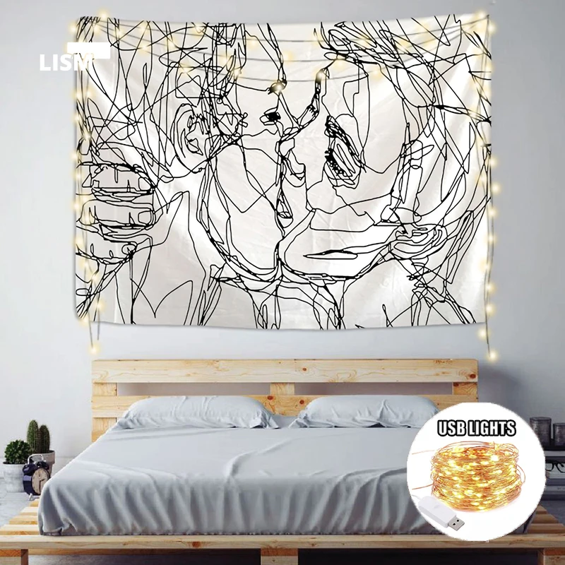 

Trendy Creative Line Draw Tapestry Concise Style Wall Hanging Decor Kiss Psychedelic Wall Abstract Carpet Wall Cloth Tapestries