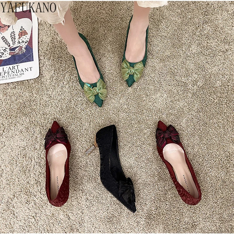 

Green Red Wedding Shoes Fashion Party Dress Single Shoes 7cm Elegant Comfort Women Pumps Pointed Toe Bow Stiletto High Heels
