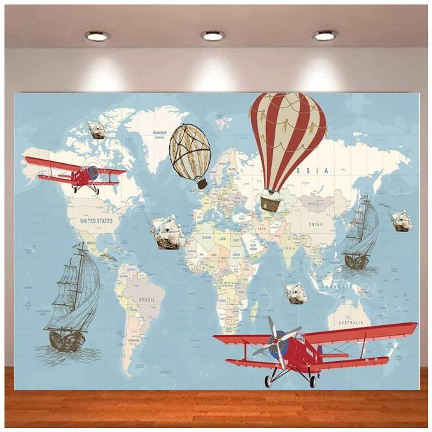 Heißer Luft Ballon Flugzeug Segeln Schiff Geburtstag Hintergrund Welt Karte Abenteuer Erwartet Globe Reise Baby Erwachsene Porträt Hintergrund
