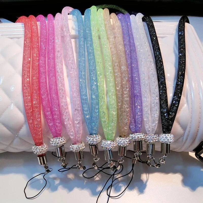 New Rhinestone Crystal Lanyard Mesh Necklace ID Badge Strap Mobile Phone Antitheft Holder Keychain Hanging Rope For Cellphones