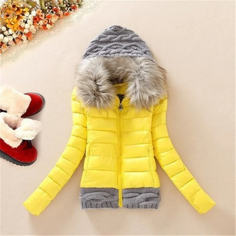 Women Alternative Thickening Down Jacket with Fur Collar Quality Jackets Winter Knitted Patchwork Long Sleeve Overcoat Hooded