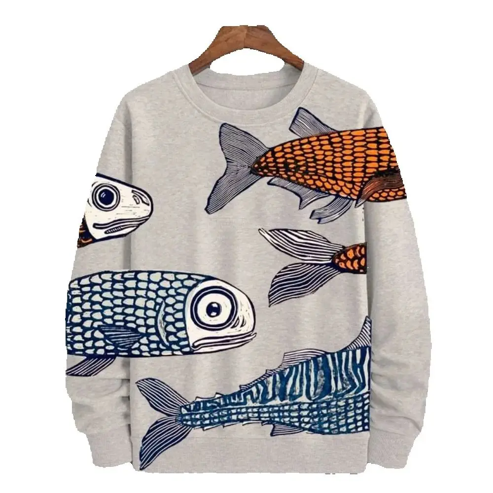 Осенние мужские толстовки с рисунком рыбы футболка длинным рукавом модная