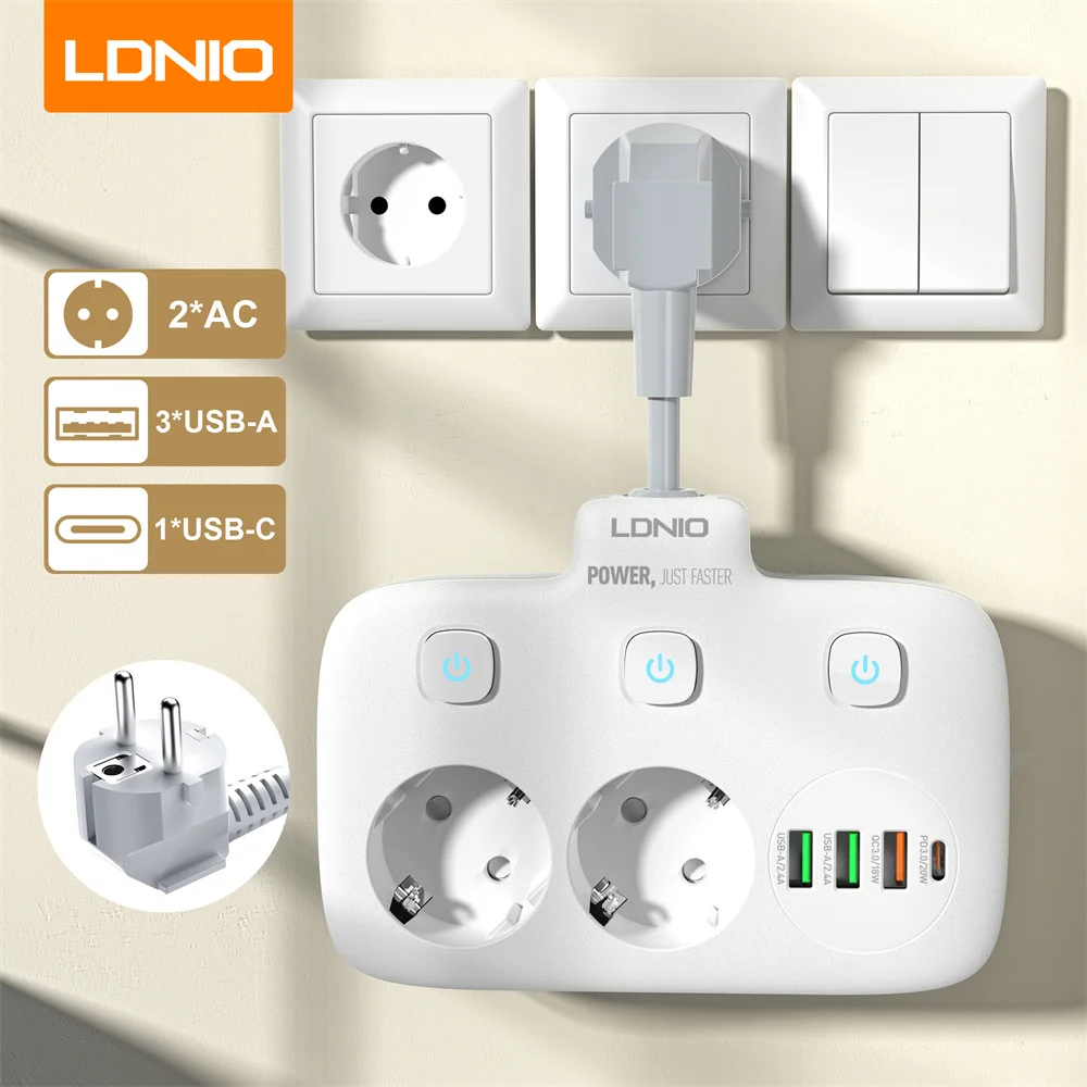 

LDNIO Power Strip Plug 4 USB Ports 3 AC Outlet Wall Socket Surge Protector Home/Office Separate Switch Network Filter with USB