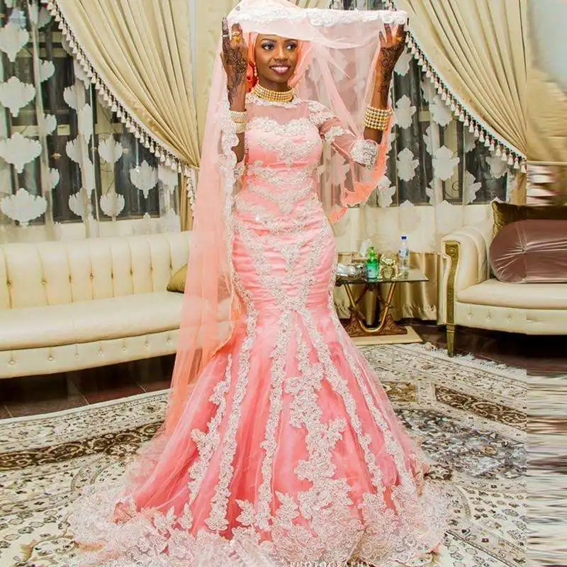 

African Style Muslim Pink Mermaid Wedding Dresses Half Sleeve Appliqued Nigerian Buttons Bridal Gown Covered Vestido de Novia