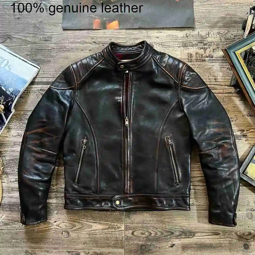 

quality Brand sales.quality vintage biker High style.Classic slim tea core horsehide jacket.men retro leather clothes.