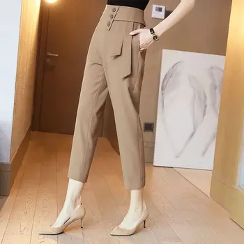 Women's Clothing Button Spliced Casual Commuter Straight Pants Autumn Office Lady Solid Color High Waist All-match Cropped Pants 3