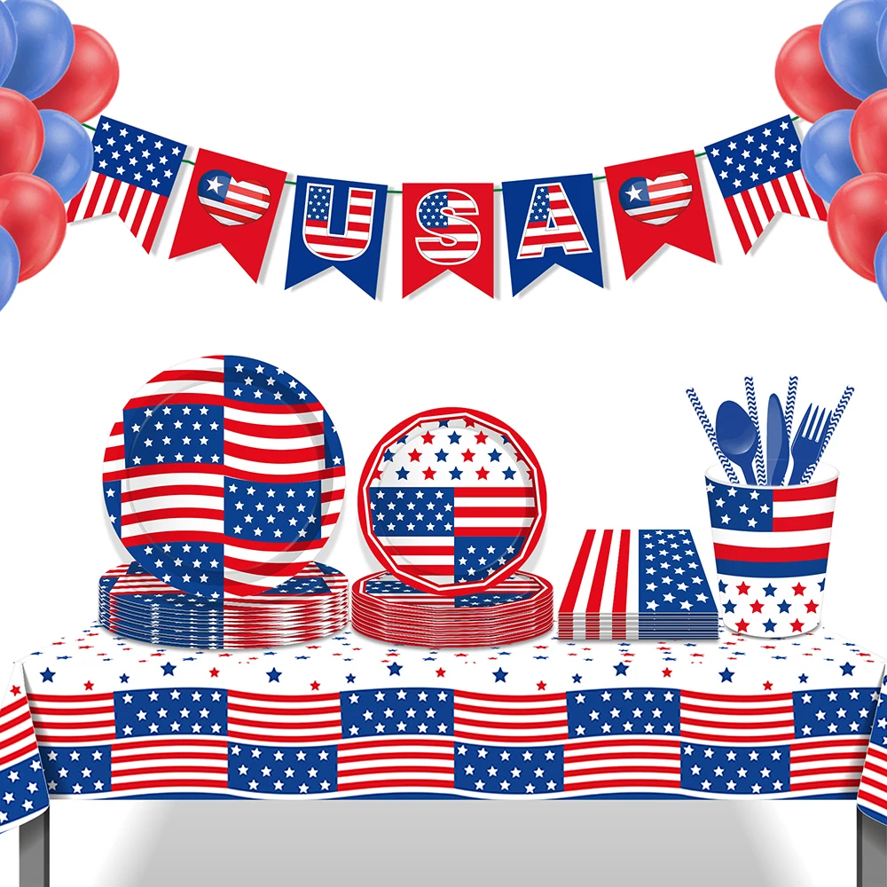 

USA Flag July 4th Day Festival Party Disposable Tableware Sets Banner Tablecover Independence Day Carnival Birthday Party Decors