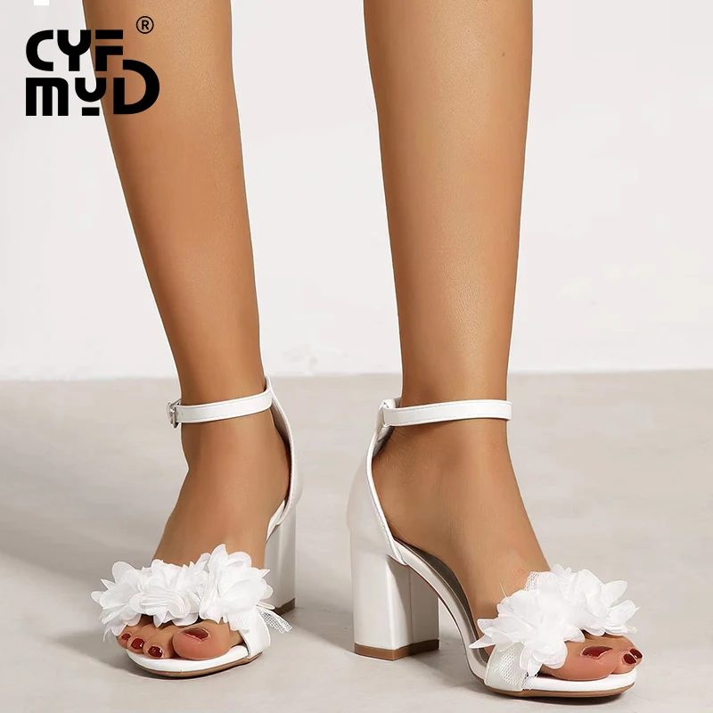 Block Heels for Women Sandals 2022 White Floral Summer Pumps Ankle Buckle Elegant Medium Heel Chunky Wedding Bridal Shoes
