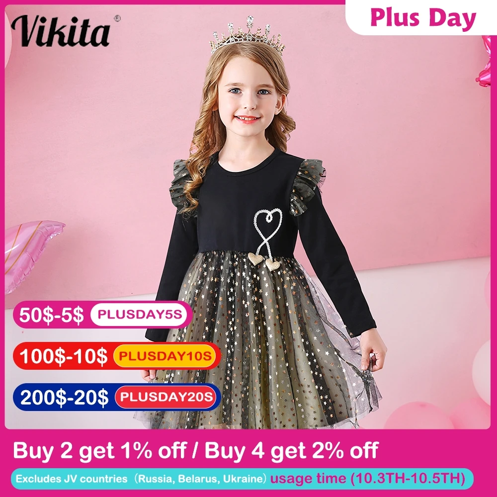 VIKITA Girl Princess Vestidos Star Sequins Dress Children Christmas Clothing Toddlers Kids Autumn Birthday Party Elegant Dresses