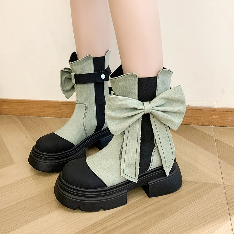 

Женские ковбойские ботинки на массивном каблуке, полусапожки без застежки на массивном каблуке, на платформе, с бантом, осень 2023