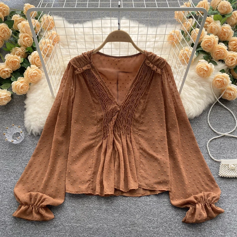 

D249 Женская Новая мода 2022 Дворцовая рубашка с V-образным вырезом и длинными рукавами в стиле ретро шикарный топ в горошек женская элегантная ...