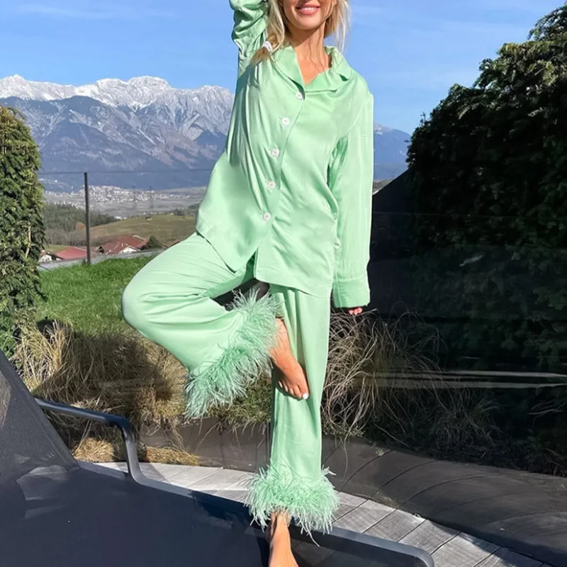 

Коллекция 2022 года, Ранняя весна, европейские и американские модные топы, пижамные костюмы, зеленая женская повседневная домашняя одежда