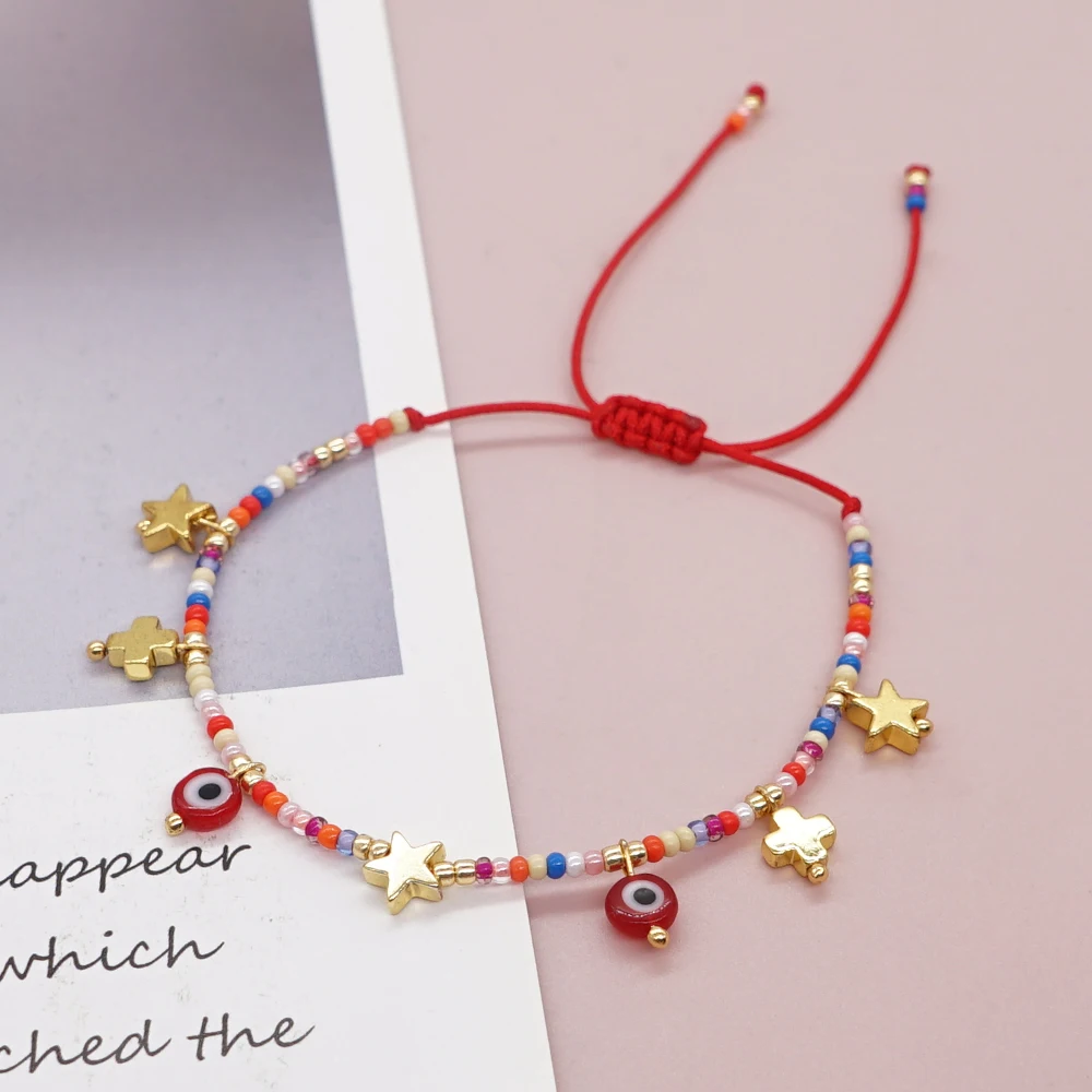 Go2boho Danity Handmade Red String Evil Eye Star and Cross Charmful Bracelet for Women Accessories as Good Luck Jewelry