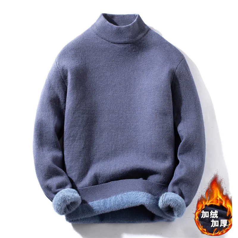 Sweater Men New Half High Collar Thick and Velvet Solid Color Base Knit Men Clothing