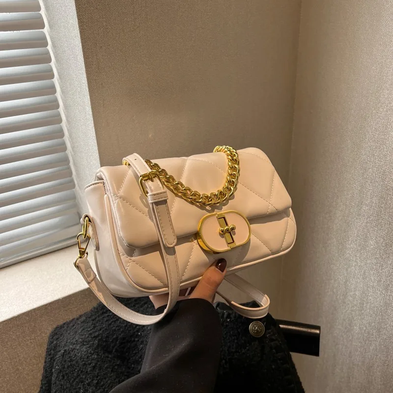 High Quality Leather Square Chains Handle Women's Shoulder Bag Fashion Hobos Design Diamond Lattice Female Shopping Purse Bag