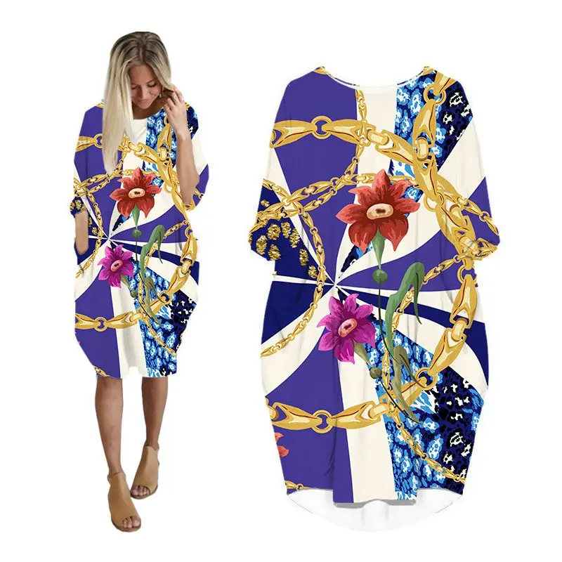 

Женские платья с карманами, уличная одежда с принтом цепей, модная женская одежда в стиле панк с длинным рукавом, Одежда большого размера, же...