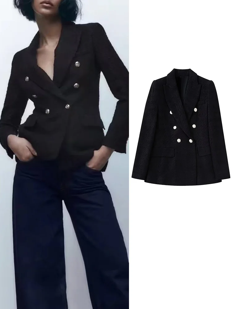 

Женский двубортный пиджак с отложным воротником, с длинным рукавом