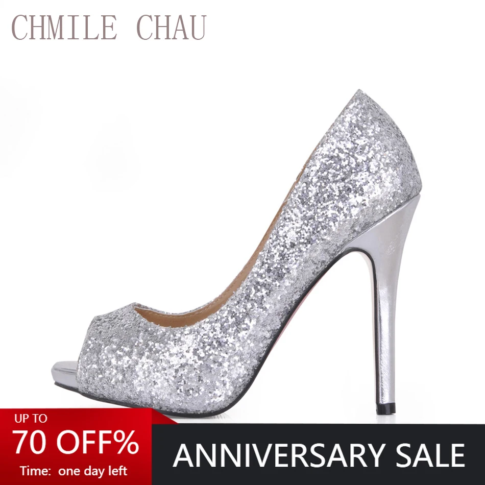 

CHMILE CHAU Silver Glitter Sexy Wedding Party Shoe Women Peep Toe Stiletto High Heels Dating Bridal Lady Pumps Zapatos Mujer T3