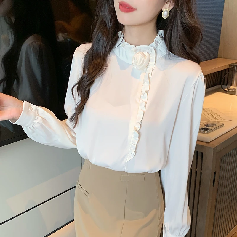 Женская шифоновая блузка с длинным рукавом оборками