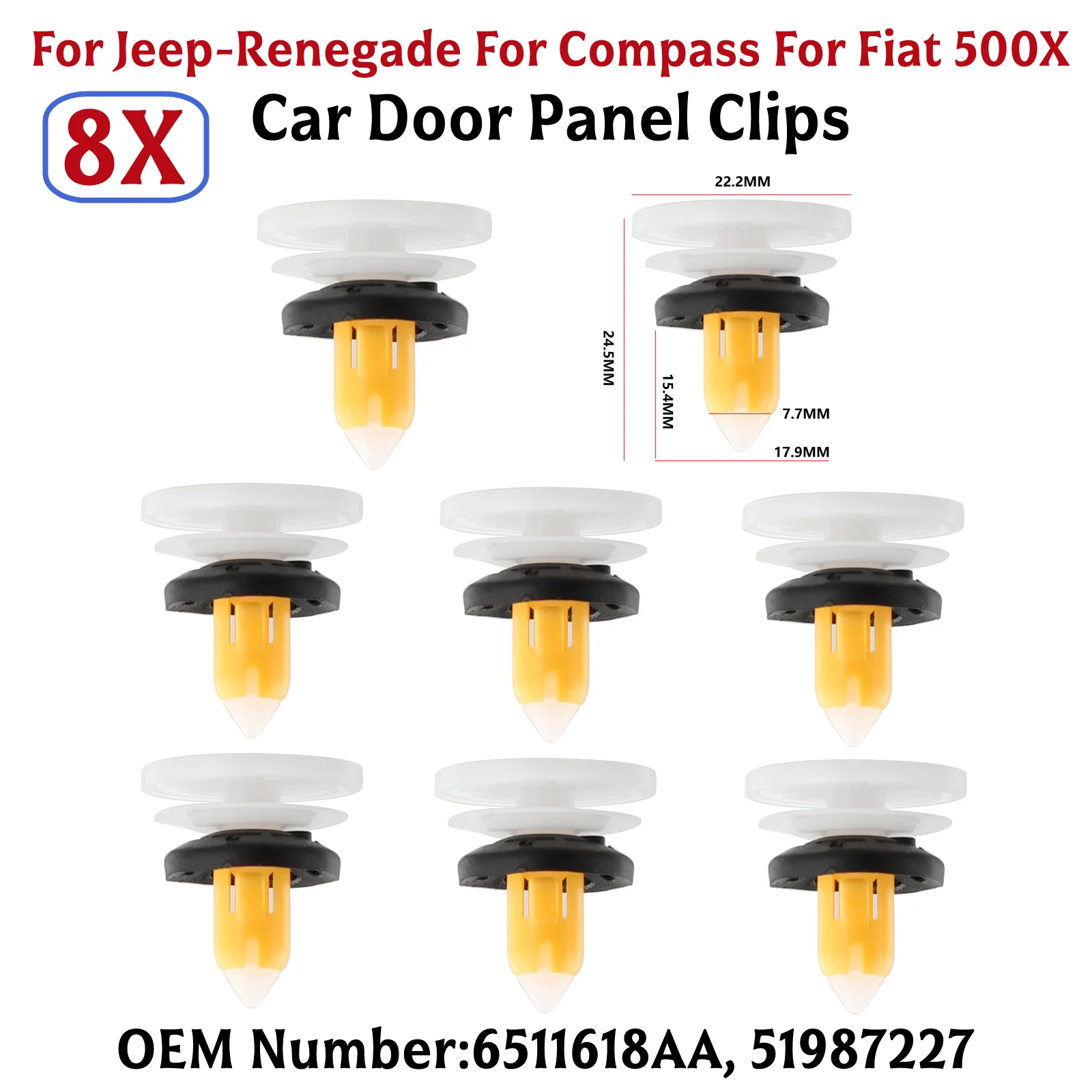 

8 шт. ЗАЖИМЫ ДВЕРНАЯ ПАНЕЛЬ ДЛЯ JEEP-COMPASS-RENEGADE-FIAT 500X 15 16 17 18 19 20 21 22 Белый пластиковый автозастежка # 6511618 АА