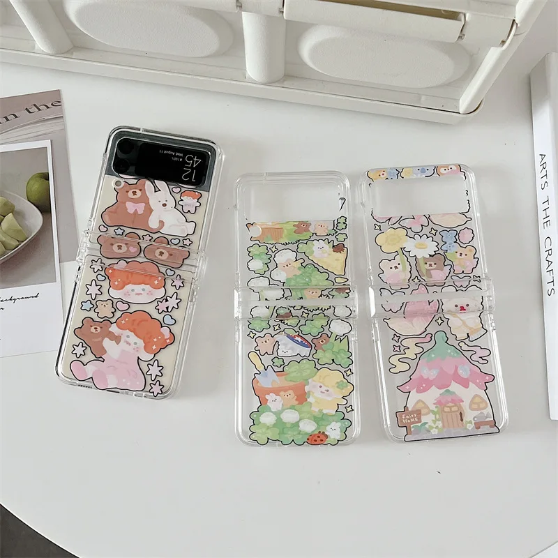 

Cartoon Bear Rabbit Transparent Phone Case for Samsung Galaxy Z Flip 3 5G Hard PC Back Cover for ZFlip3 Cases Protective Shell