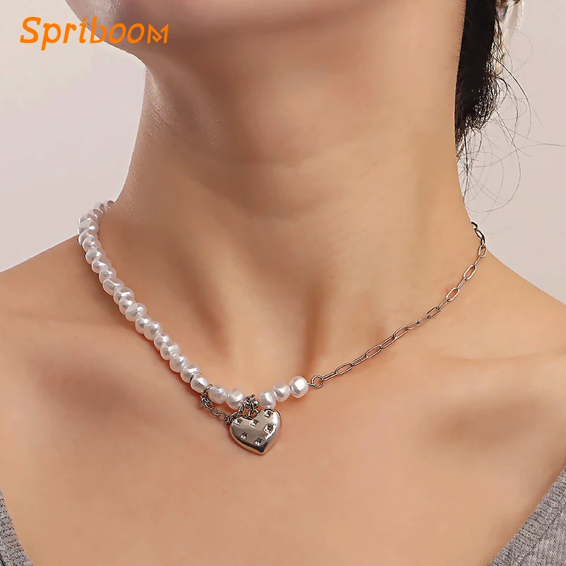 

2022 Punk Heart Splicing Chain Neckalces Zircon Metal Love Hearts Pendant Necklace Girls Pearl Jewelry Gothic Choker Accessoreis