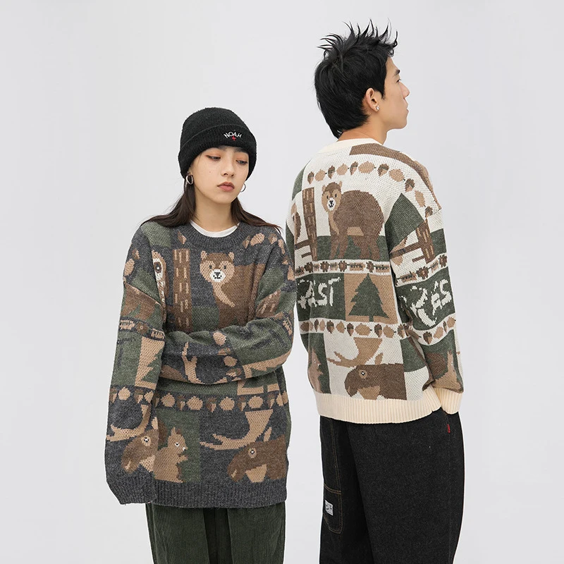 Harajuku Japanese Sweater Men Cute Bear Couples Knitted Pullover Streetwear Autumn Winter Long Sleeve sueteres para hombre