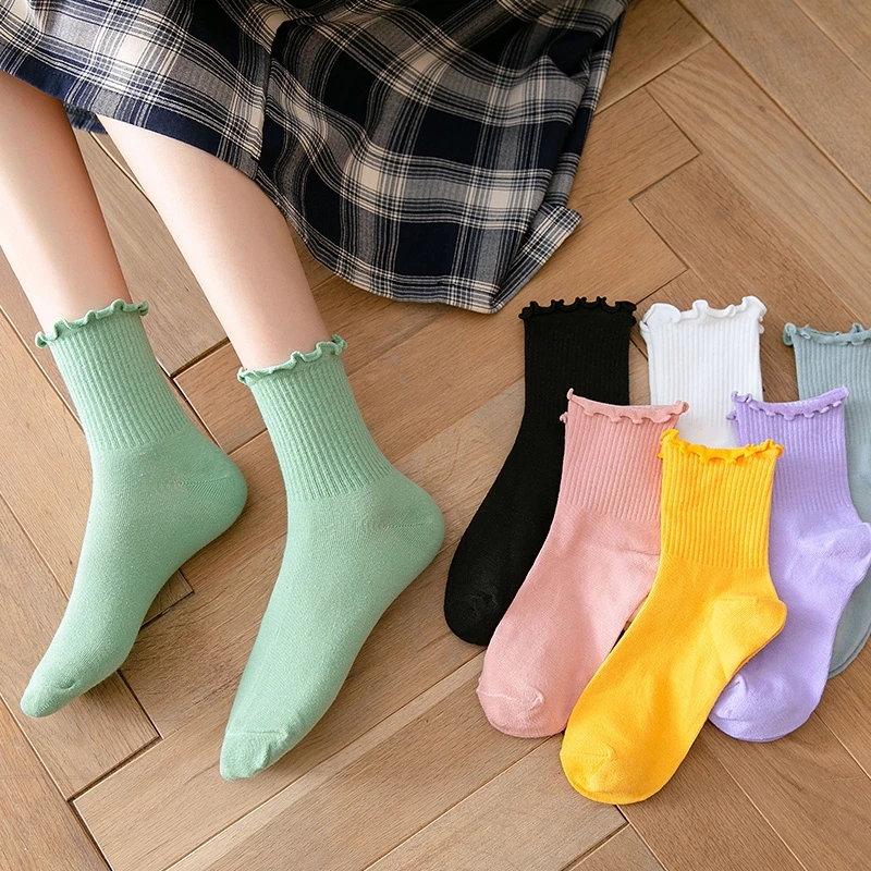 Ruffle Socks Women Girls Solid Color Kawaii Cute Frilly Lolita Japanese Maiden Cotton Harajuku Princess Crew Tube Middle Socks