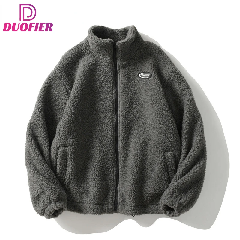 2022 Winter Warm Thick Fleece Fluffy Jacket Hip Hop Streetwear Harajuku Fuzzy Casual Zipper Coat Men Autumn Solid Color Jackets