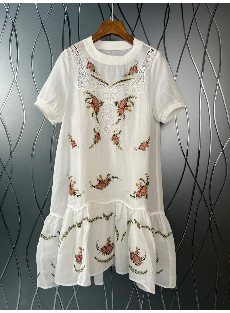 

High Quality Linen Dress 2022 Spring Summer Vestidos Women Hollow Out Embroidery Short Sleeve Casual Party White Dress Mini