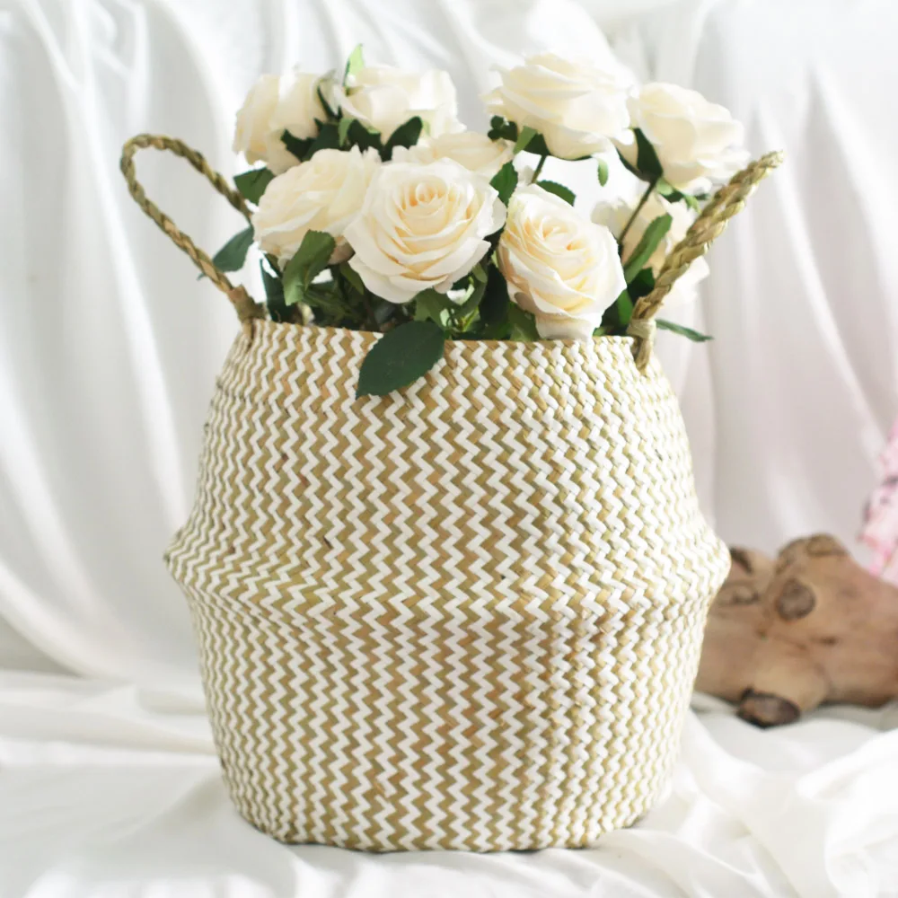 

Seaweed Straw Folding Flower Basket Home Decor Hand Flower Basket Wicker Woven Storage Hand Basket Debris Basket Laundry Basket