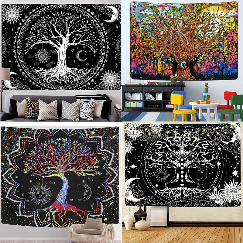 

Tree of Life Tapestry Trippy Mandala Wall Hangings Hippie Moon Sun Galaxy Stars Tapestries Mystic Bohemian Boho Decor for Home