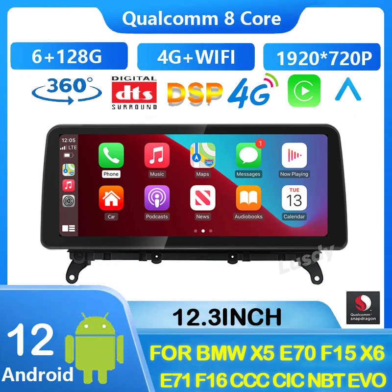 

12.3" Qualcomm 6+128G Android 12 Car Video Player for BMW X5 E70 F15 X6 E71 F16 CCC CIC NBT EVO Auto Radio GPS Stereo CarPlay