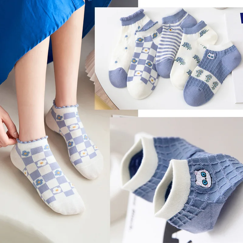 10 pieces = 5 pairs New Spring And Summer Women slipper Socks Cute Floral Blue Stripes Leisure Women Socks women