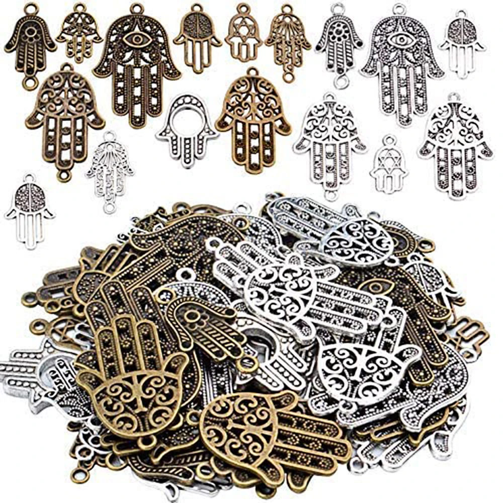 

120g (About 51pcs) Hand of Fatima Symbol Charms Pendants Hamsa Hand Beads Charms for Jewelry Making DIY Necklace - 17 Styles