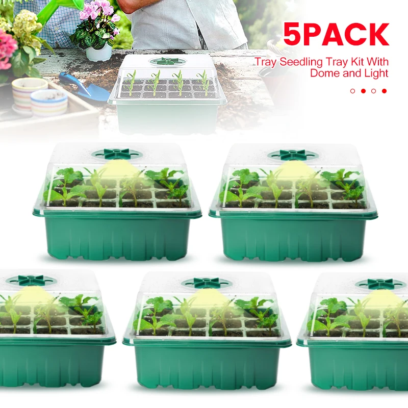 

5Pcs 12 Holes Garden Seedling Tray Plant Nursery Pots with Grow Light Greenhouse Growing Trays Mini Greenhouse Planting Box Kit