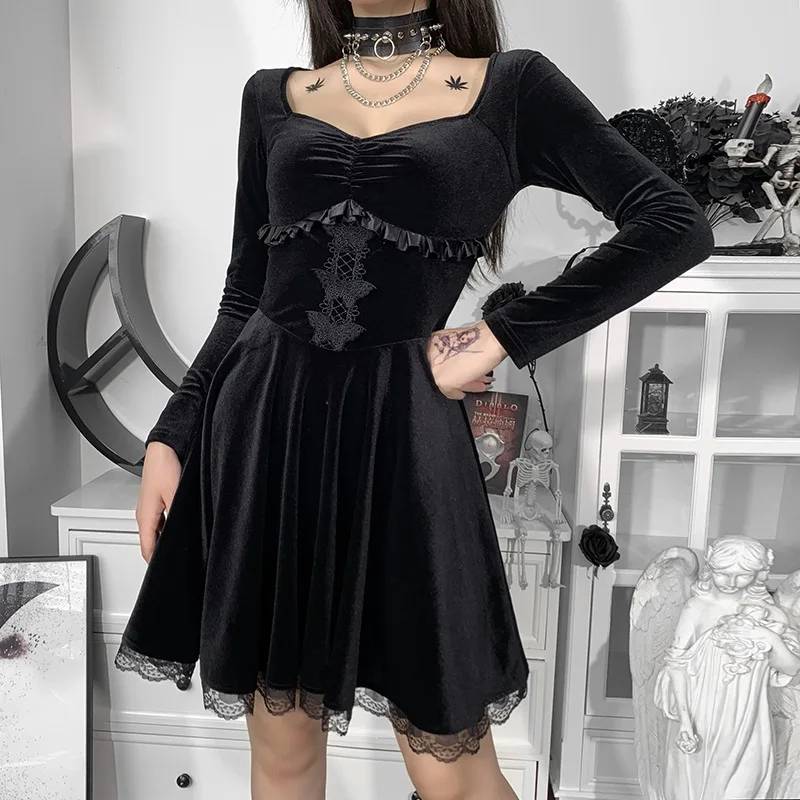 

Fezco Women Lolita Black Lace Square Collar Long Sleeve Dress High-waist Vintage Punk Emo Y2k Aesthetic Dresses Gothic Clothes