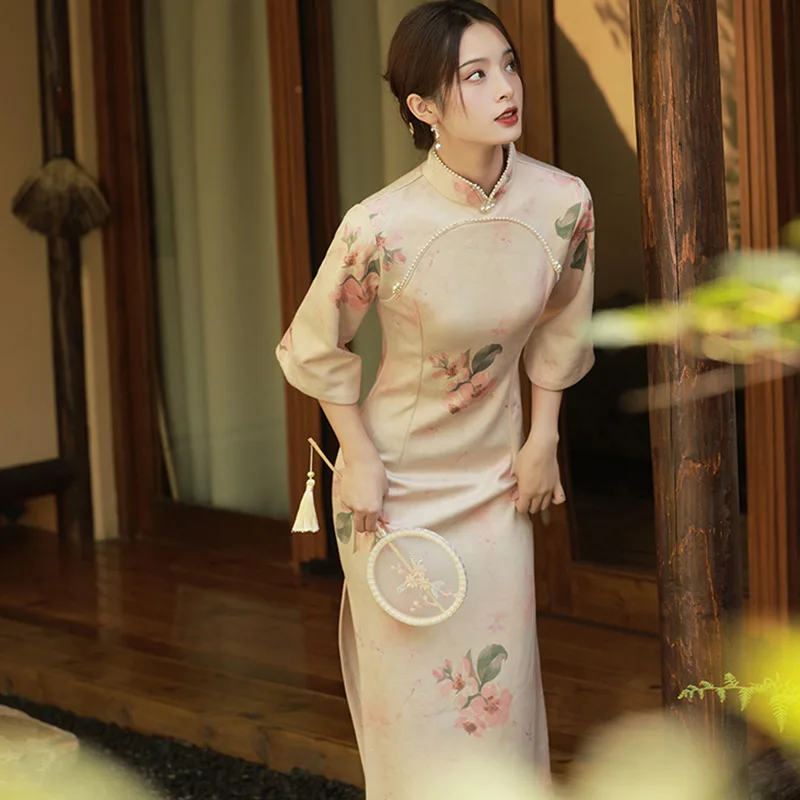 

Cheongsam Chinese Dress Qipao Orient Style Elegant Shanghai Vintage Dresses Suede Grace Party Banquet Gown Dance Performance