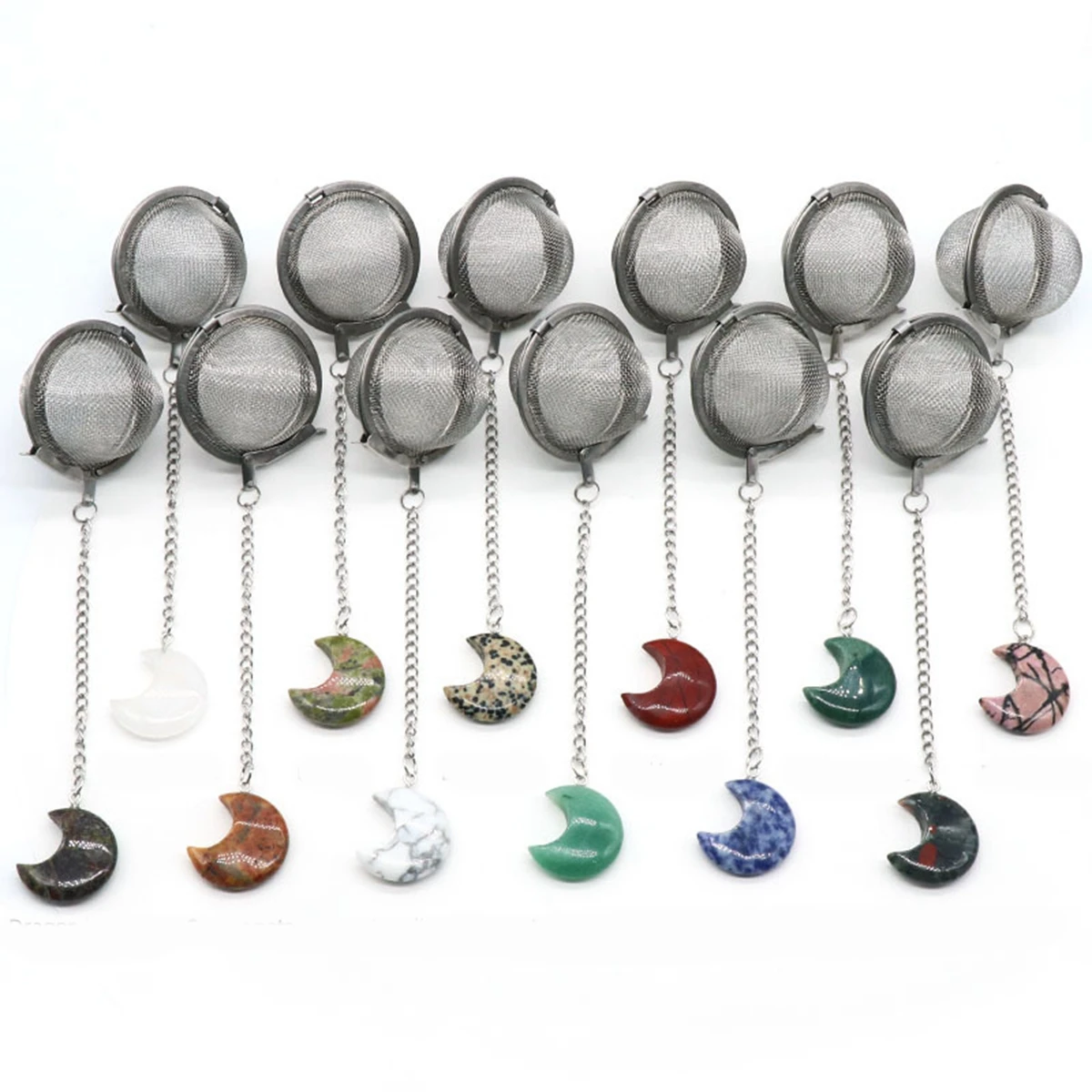 

Tea Infuser Mesh Strainer with Extended Chain Gemstne Moon Key Rings Hook Stainless Steel Energy Trays Crystal Shaker