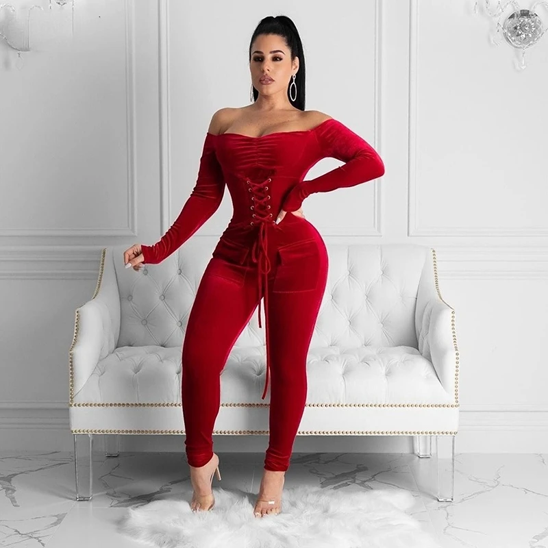 

Off Shoulder Velvet Jumpsuit Women Long Sleeve Romper Bodycon Lace Up Sexy SkinnyJumpsuit Night Club Party Jumpsuit Overalls