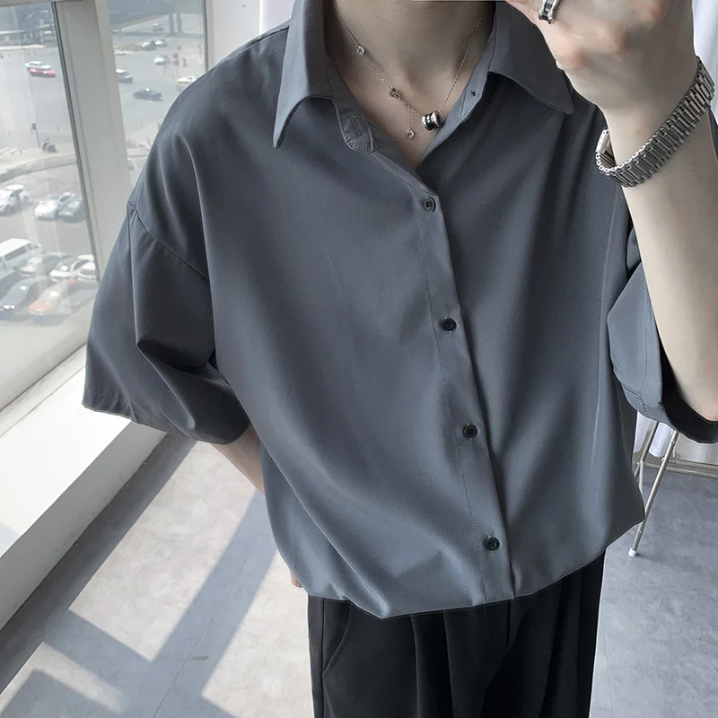 Black Grey White Shirt Men Fashion Society Mens Dress Shirt Korean Loose Short Sleeve Shirt Mens Casual Ice Silk Shirt M-3XL