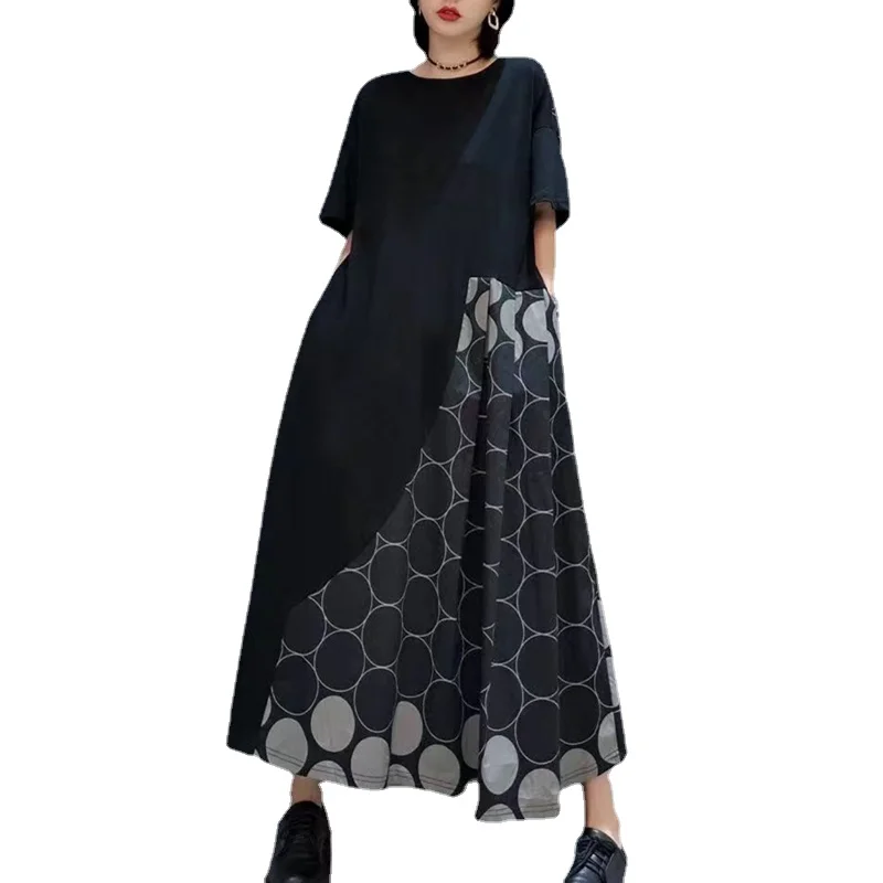 

2022 Summer Women Shirt Dress Yellow Black Polka Dot Short Sleeve Long Maxi Dresses Vestidos Plus Size Elegant Robes XC152