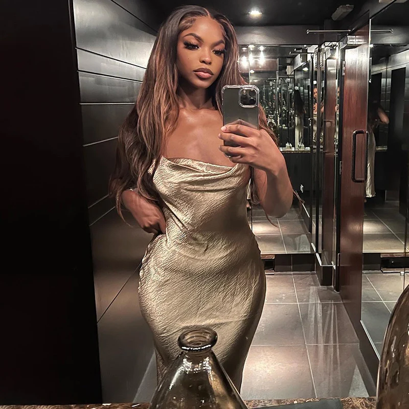 

Sexy Gold Silver Swinging Collar Spaghetti Straps Long Dresses For Women 2022 Backless Satin Slim Dress Elegant Robe Prom Party