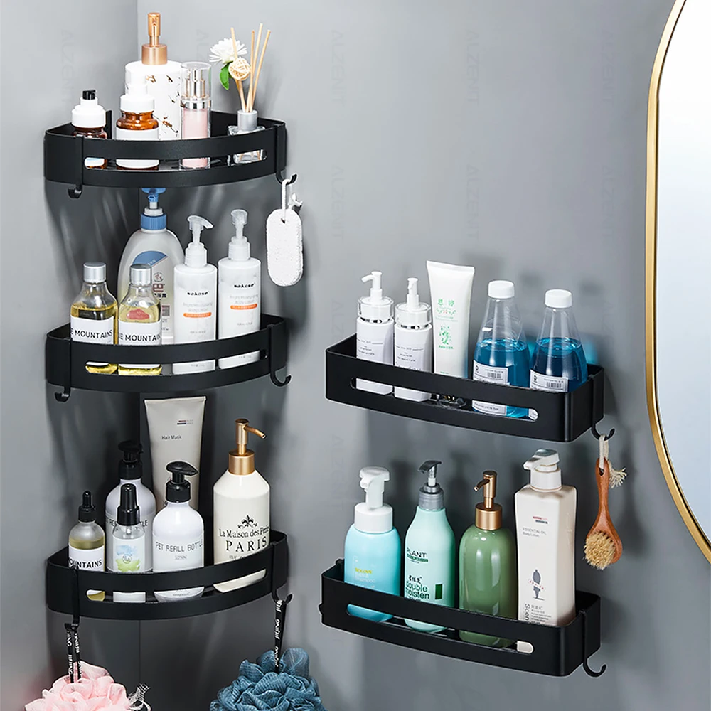 corner shelf black shower storage rack aluminum shampoo holder wall mounted organizer hanger bathroom caddy kitchen accessories free global shipping