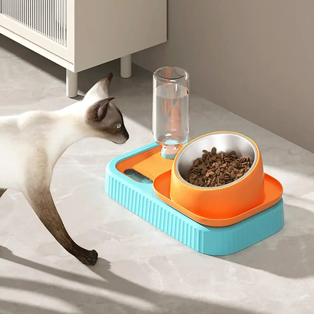 

Набор для домашних животных с двойной чашей, автоматический диспенсер воды из нержавеющей стали с поворотом на 15 градусов, товары для домашних животных