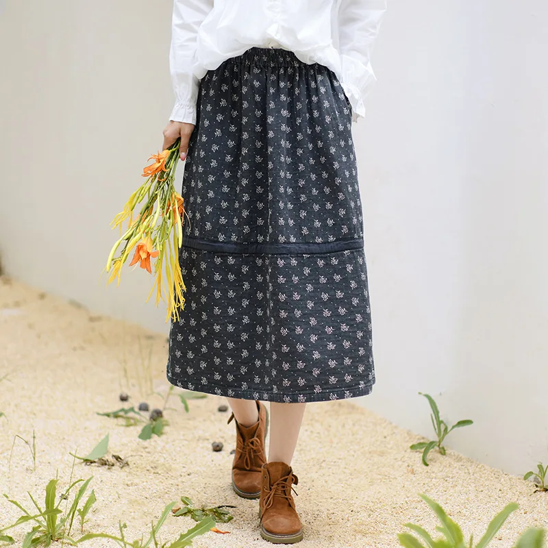 

Fall Winter New Elegant a-Line Skirt Women Elastic Waist Printed Skirt Lady Fashionable Cotton Vintage Old Midi Skirts