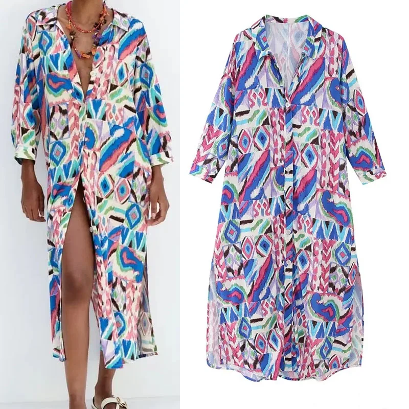 

TRAF Woman Printed Tunic Dress 2023 Summer New Multicolored Sexy V-Neck Lapel Collar Elbow-Length Sleeves Casual Loose Dress
