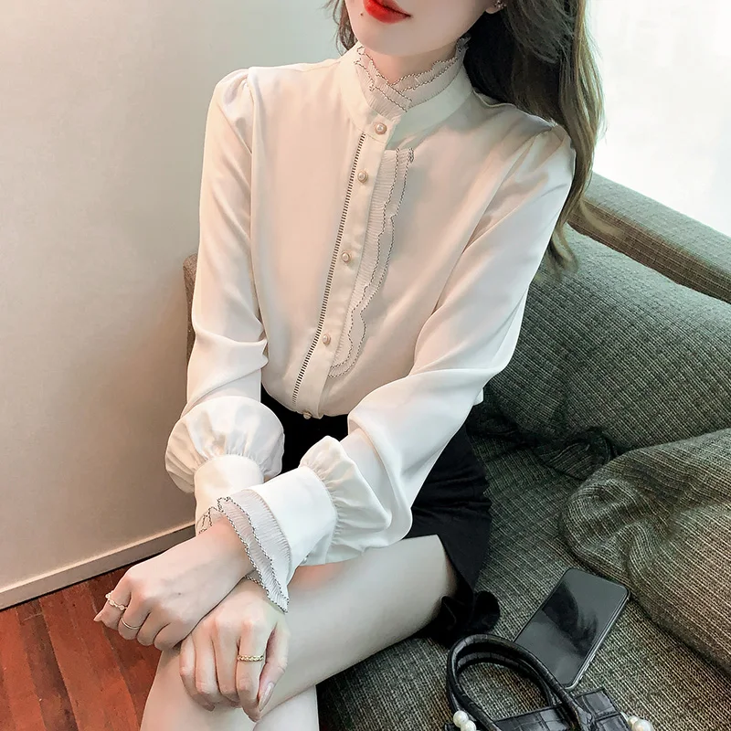 

New spring collar white shirt bubble agaric) sleeve design feeling gentle princess satin jacket female