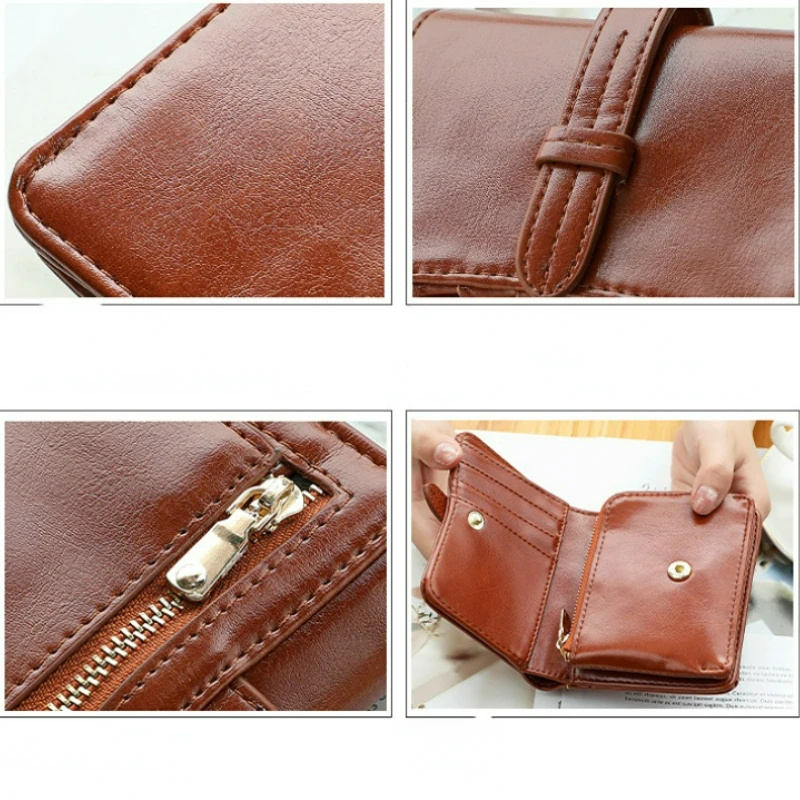 Women's Wallet 2023 New Vintage Oil Wax Folding Simple PU Ultra-thin Small Money Clip Card Bag Female