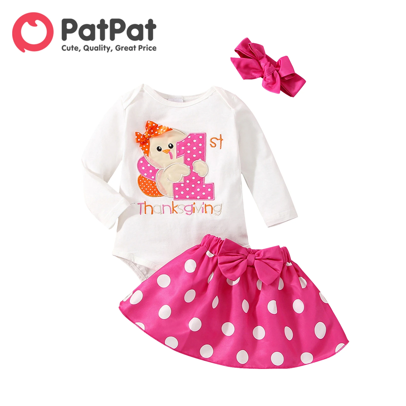 

PatPat Thanksgiving Day Newborn Baby Girl Clothes Long-sleeve Turkey Embroidered Romper and Polka Skirt with Headband Set